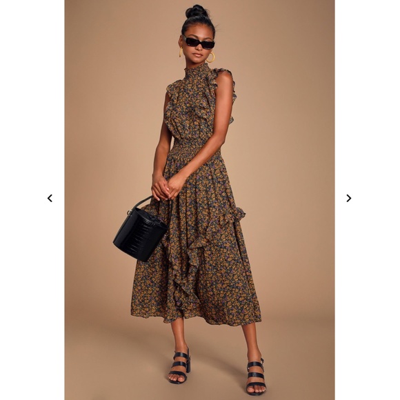Luuls Mustard Yellow Floral Print Mock Neck Midi Dress - Picture 1 of 7
